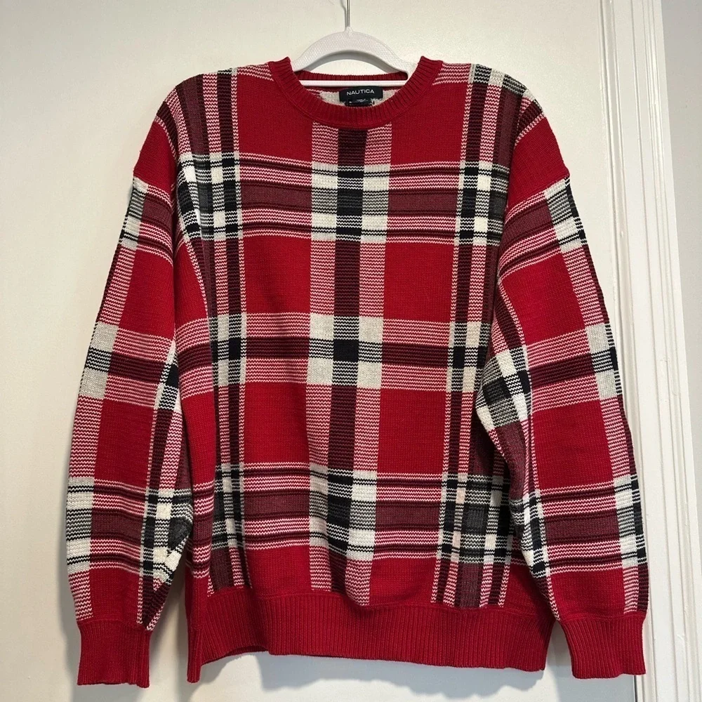 VTG 90s Nautica Sweater Mens Sz:L Red Scotch Plaid Pullover Crewneck Sweatshirt.